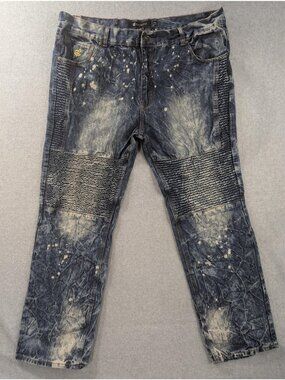 Rocawear Classic Fit Jeans Mens 46x34 Blue Wash Straight Moto Distressed Denim